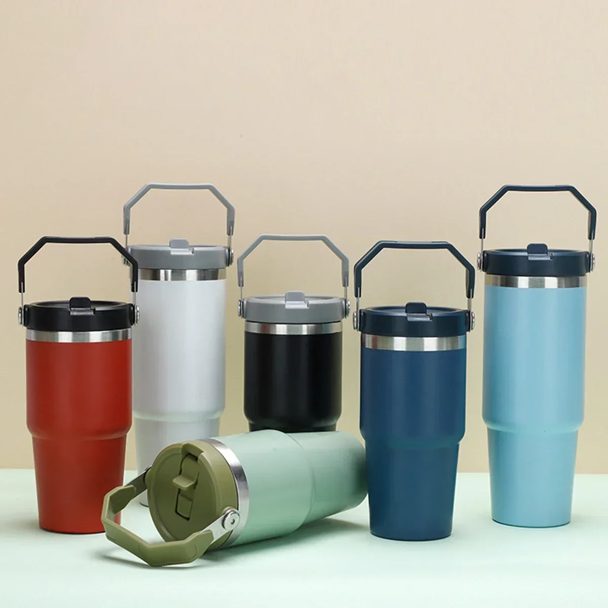 30oz Portable Car Cup Stainless Steel Thermos Cup with Straw Travel Sports Water Bottle With Handle Cover Coffee Vacuum Flask