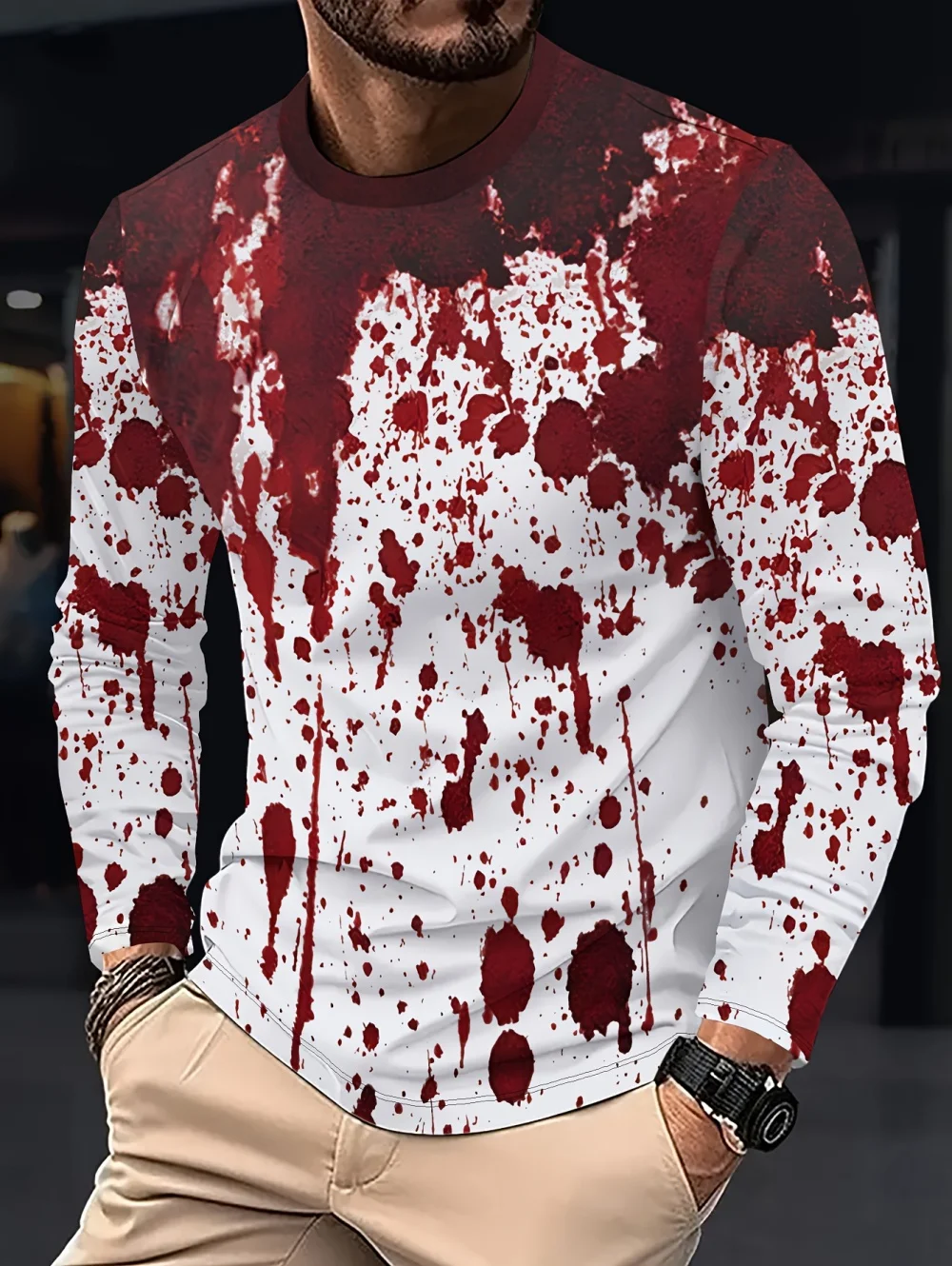 Funny Halloween Holiday Party T-Shirt for Men Blood Graphic Long Sleeves T-Shirts Cosplay Bloody Tee Horror Hoody Clothing