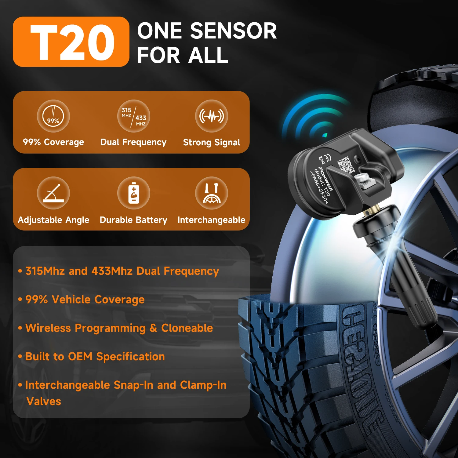 FOXWELL T20 Universal TPMS Sensor Dual Frequency 315MHz 433MHz Tire Pressure Monitoring Sensor Compatible with T1000 T2000 Pro