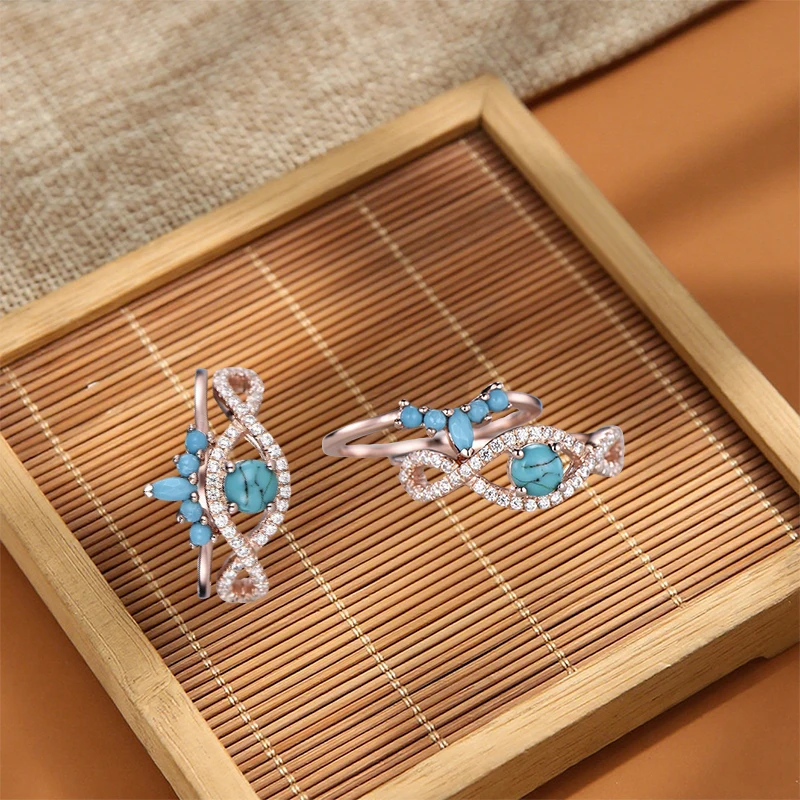 

European American Fashion Rose Gold Inlaid Turquoise Ring For Women Simple Jewelry Party Wedding Engagement Ring Size 6-10