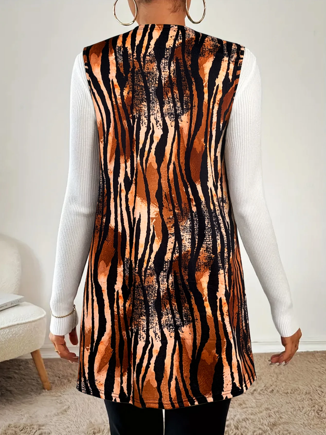 Women Open Front Vest Top Zebra Print Sleeveless Cardigan Casual Loose Cover Up Orange Black Daily top Standard Size
