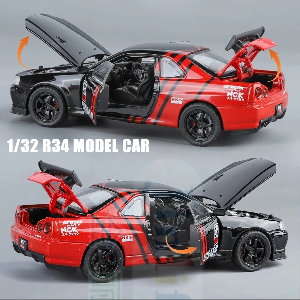1:32 GTR R34 Sports Car Model Diecast Metal Toy Vehicles Car Model Sound Light Collection Toy Gift