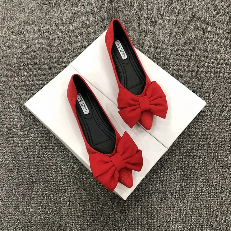 Black Single Shoe 2023 Spring/fall Women Shoes Shallow Pointed Toe Flat Shoes Women Butterfly-kont Boat Shoes Plus Size 44 45 46