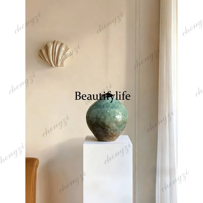 Handmade green glaze kiln-changed vase, wabi sandy wind new Chinese retro, living room entrance flower arrangement