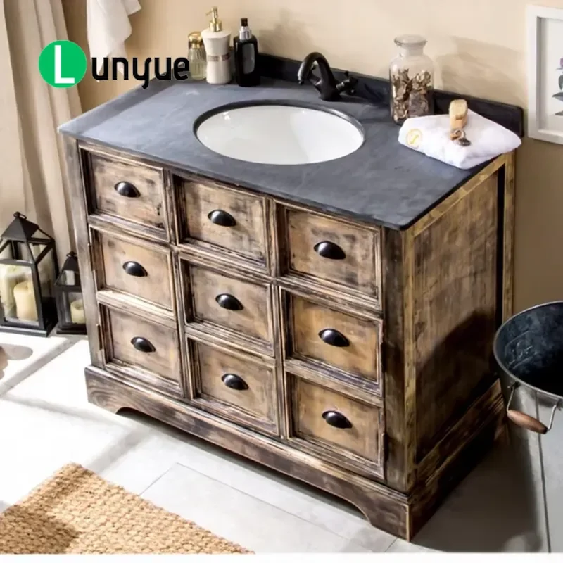 Retro Nostalgic Removable Bathroom Vanity Wooden Ceramic Sink Cabinet with Mirror Durable Storage Furniture for Home Decor