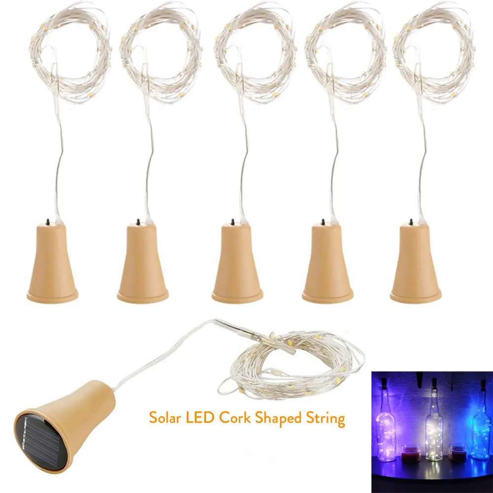 5Pcs LEDs Wine Bottle String Light 2M 1M 10 20LED Solar Power Copper Wire Fairy Lights Cork Shape Christmas Lamp For Party Decor