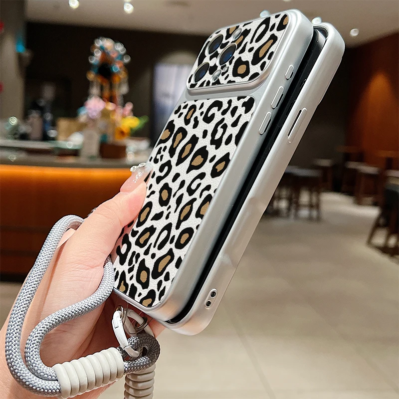 Matte Leather Texture Phone Case For iPhone 17 Pro 16 15 14 13 Pro Max Striped Pattern Wrist Strap Lanyard Soft TPU Back Cover view 6