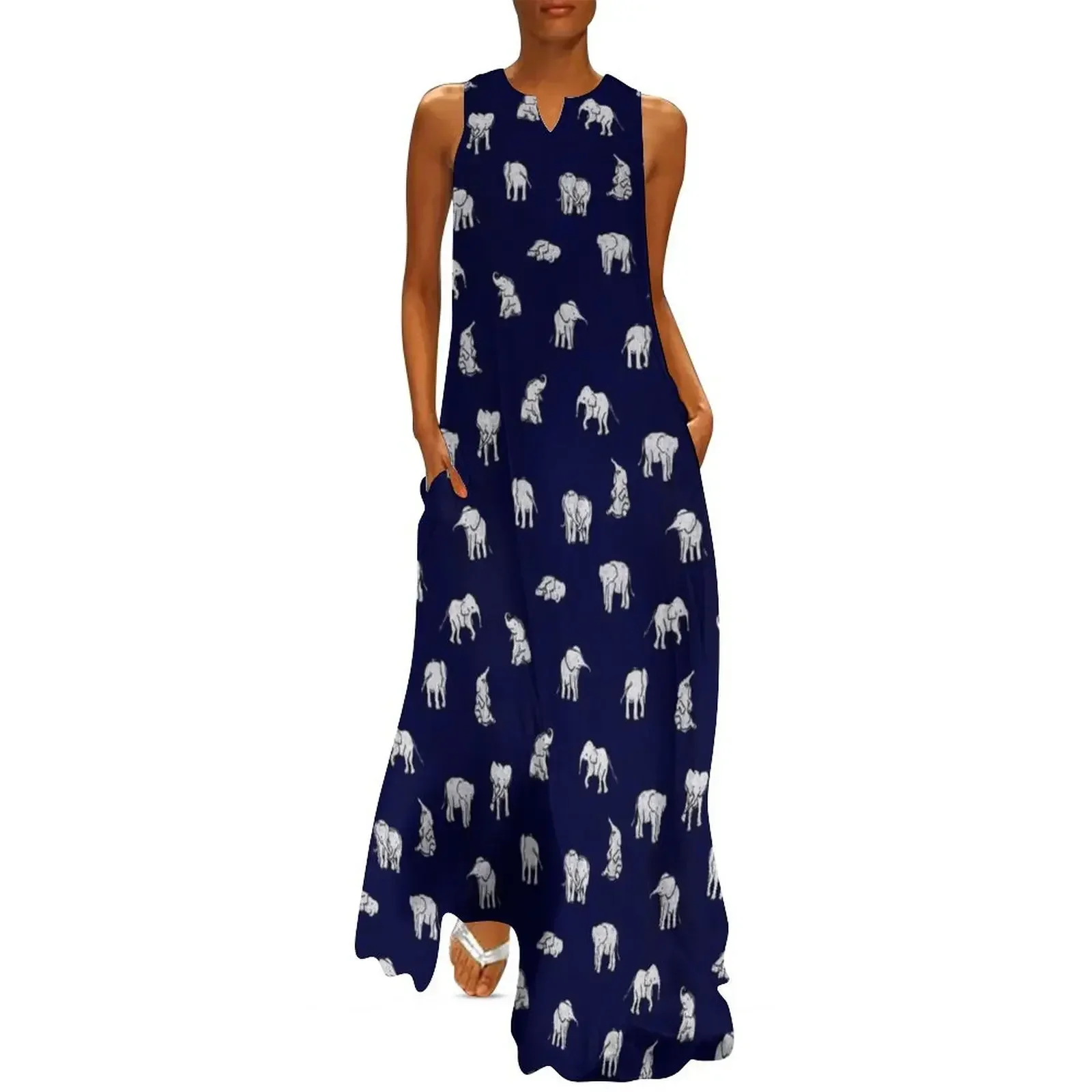 

Indian Baby Elephants in Navy Blue Long Dress dresses for women 2025 prom clothes Casual dresses Dress