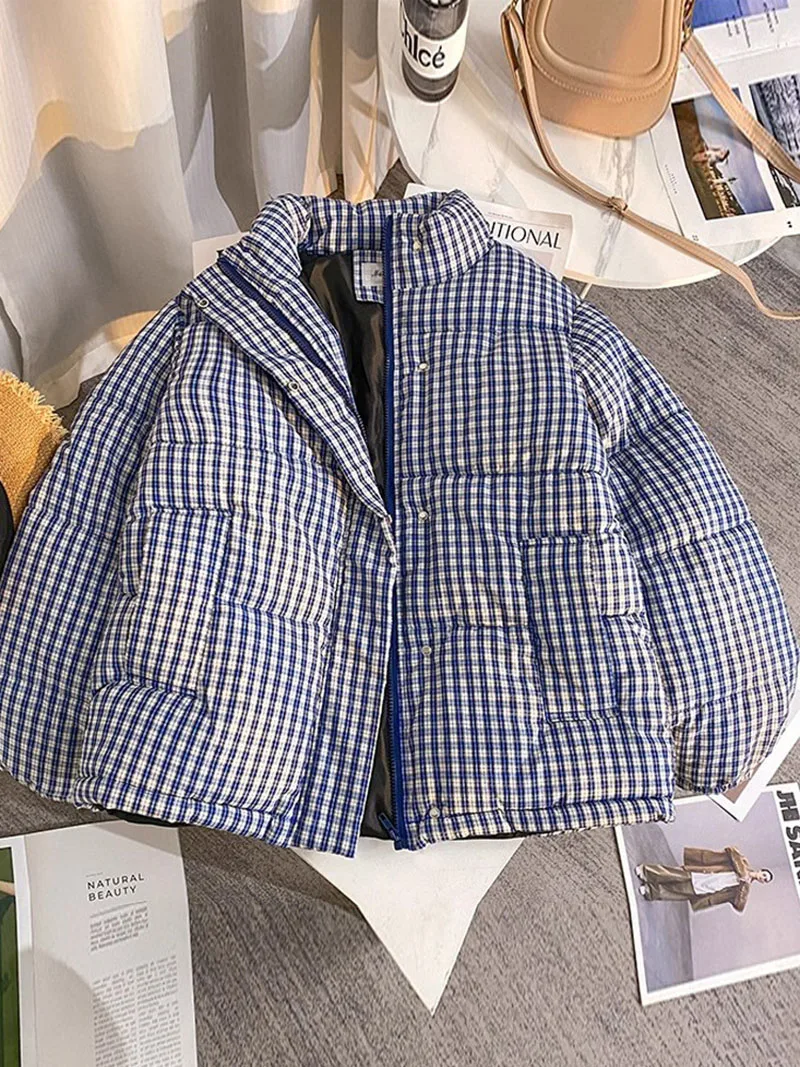 

Blue checkered down Parkas cotton jacket for women in winter 2025 new small and stylish loose fitting bread jacket cotton jacket