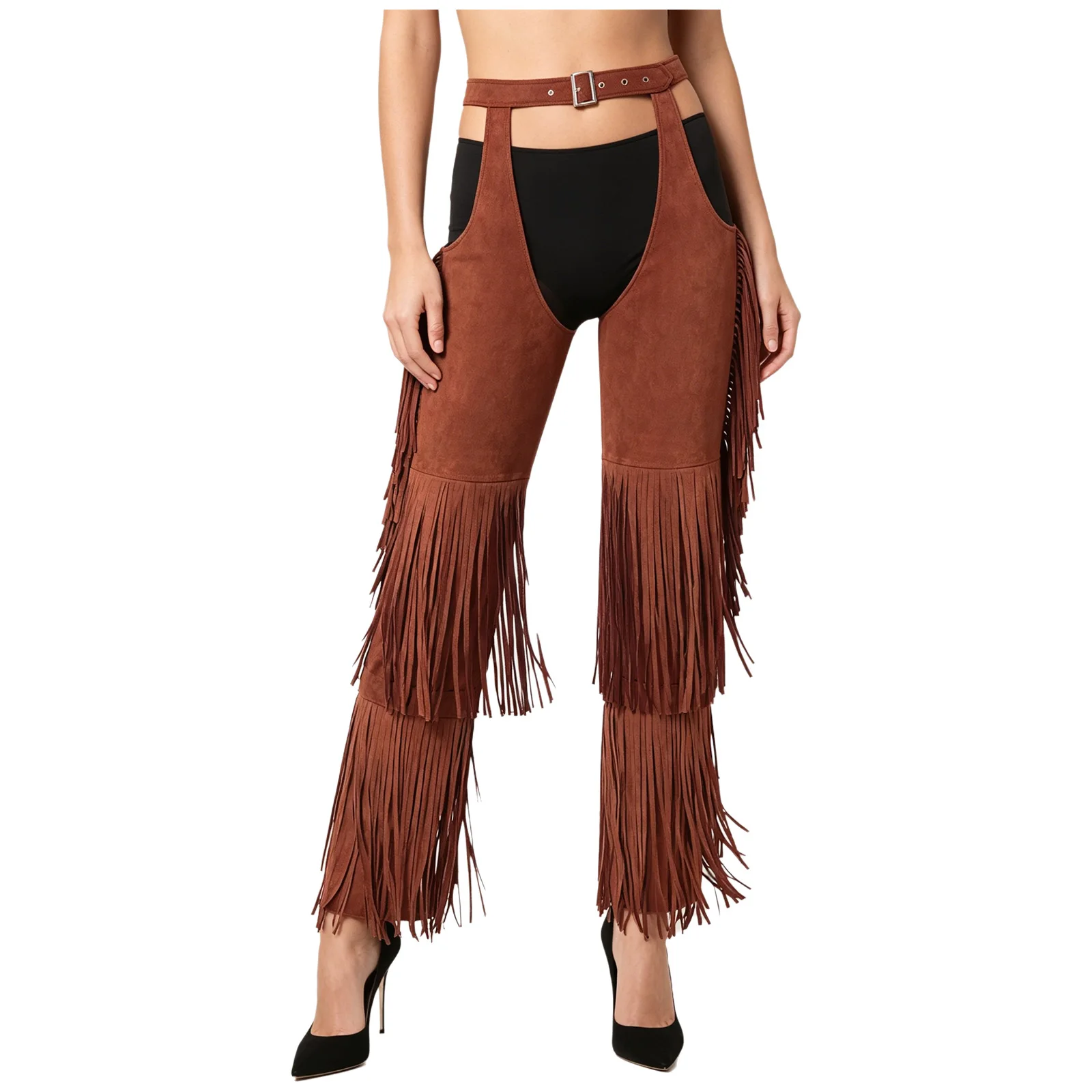 Women Cowboy Equestrian Show Fringed Pants Tiered Tassel Chaps Wide Legs Cowgirl Pants for Trick Vacation Photography Attire