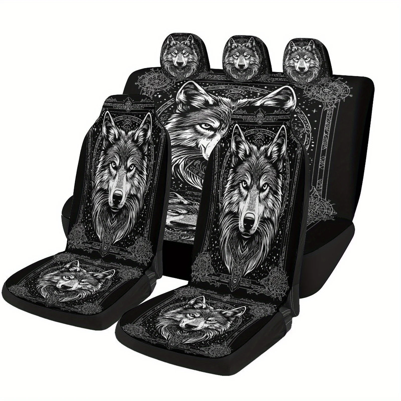 

Wolf Portrait Themed Car Seat Cover Set - Stylish Black & White Design With Howling Wolf Illustrations, Universal Fit For Most C
