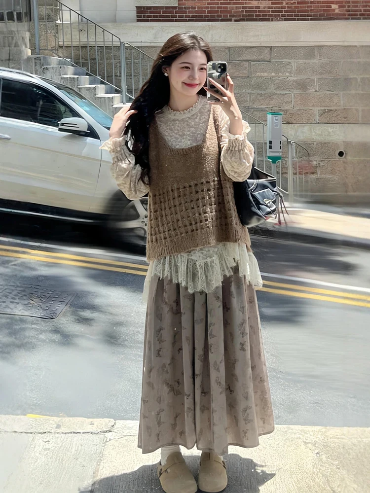 

Korean Style Hollow out Vest Base Shirt Half Skirt Three Piece Set Spring New Arrival Fashionable And Attractive Outfit