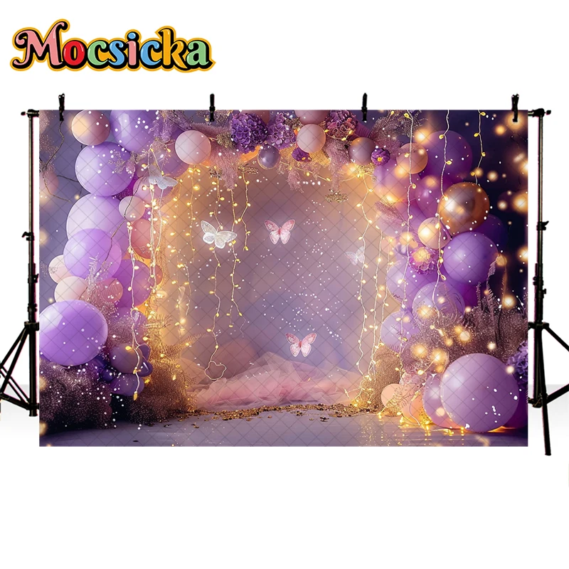 Mocsicka Photography Background Purple Arch Balloon Butterfly Glitter Girl Cake Smash Birthday Party Decor Backdrop Photo Studio