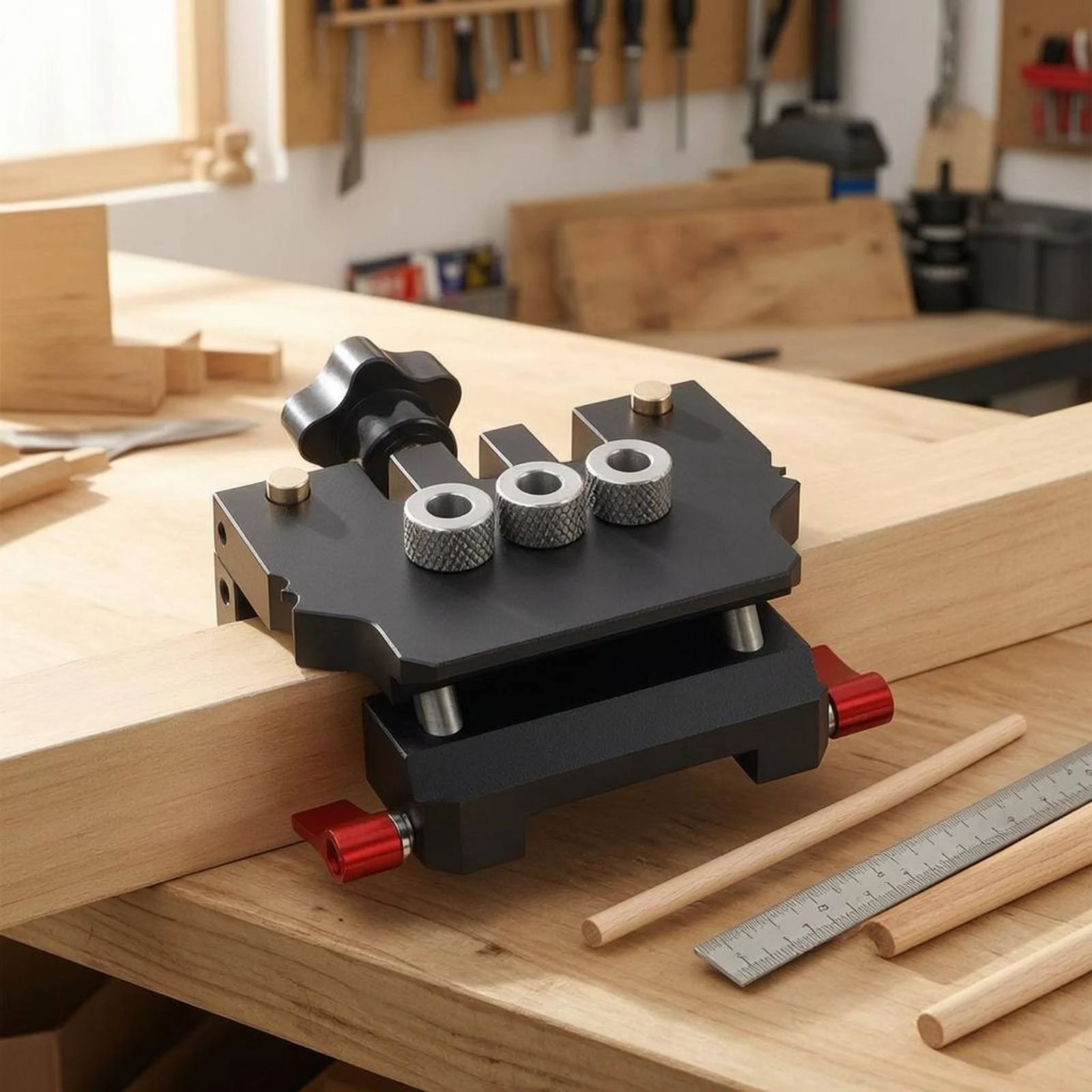 Board Joint Drilling Jig Red Adjustment Knobs Auto-Centering Drilling Jig Hole Aligner Knurled Metal Bushings