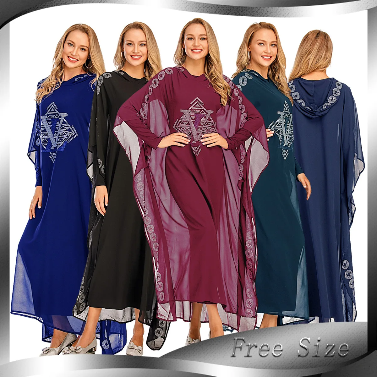 

Hot Drill Chiffon Dress for Women Elegant Loose Muslim Dress Women Arabia Dubai Abayas Bat Sleeve Hooded Large Size Long Dress