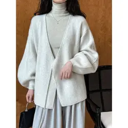 Women Autumn Winter Korean lacing Solid color V-neck knitting women clothes Fashion Simplicity Loose Cardigan Long sleeve sweate