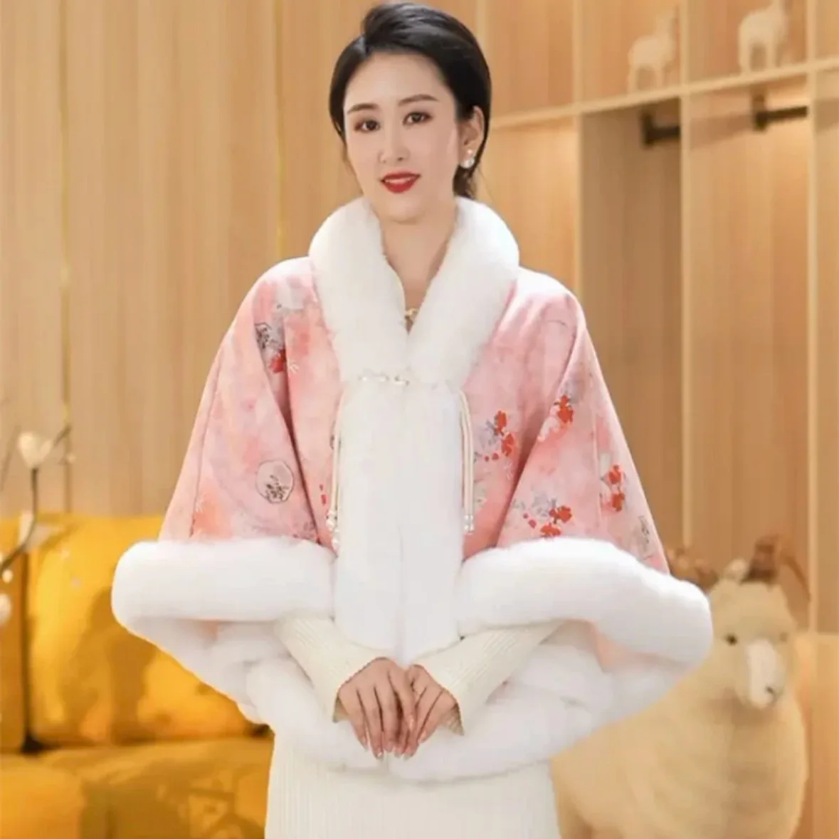 เสื้อคลุมขนเฟอร์เทียมสไตล์วินเทจจีนสุดหรูสำหรับผู้หญิง ผ้าถักลายแจ็คการ์ดสำหรับฤดูหนาว เหมาะสำหรับงานปาร์ตี้ คลุมตัวแบบเสื้อคลุมหนา รุ่น Wh38