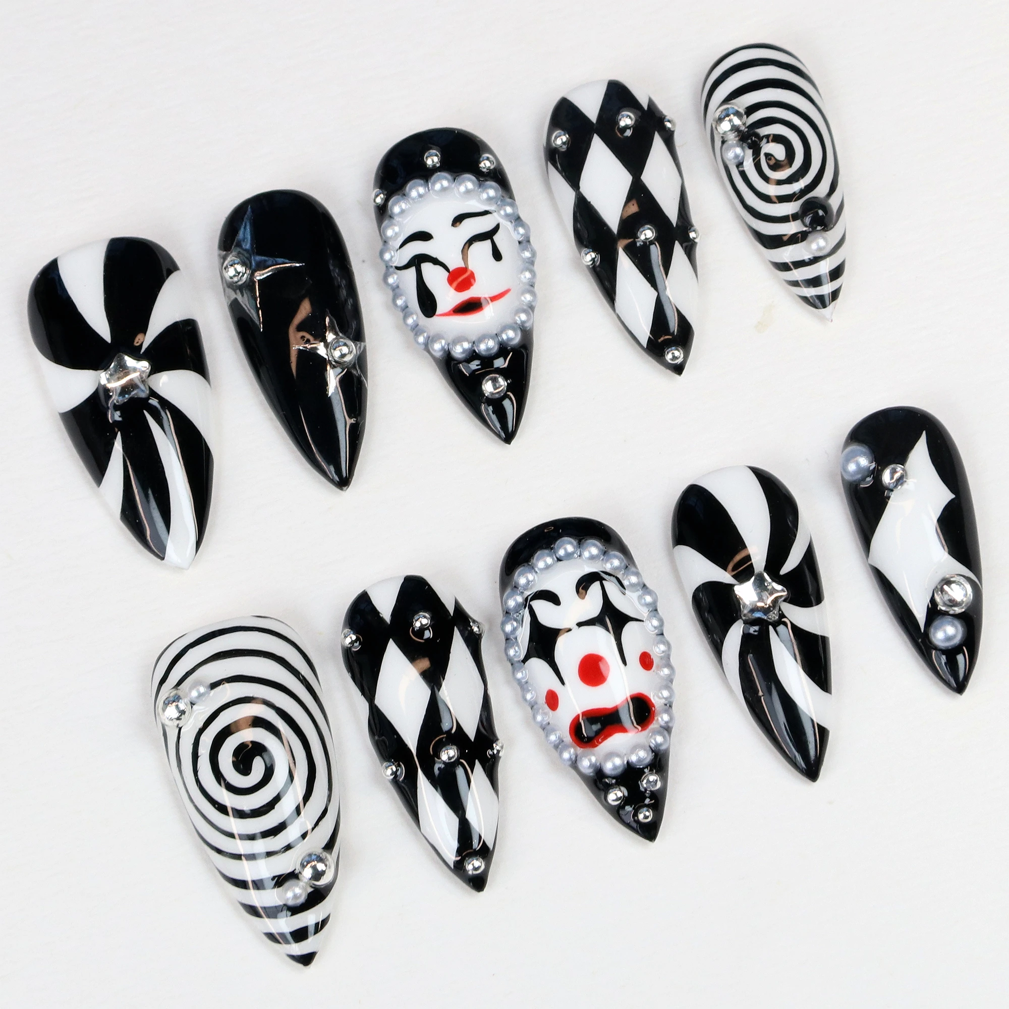 10개입 3D 수제 매니큐어 프레스온 네일, 광대 아크릴 가짜 손으로 그린 맞춤 디자인 모든 성인의 날 접착 네일 파일 세트
