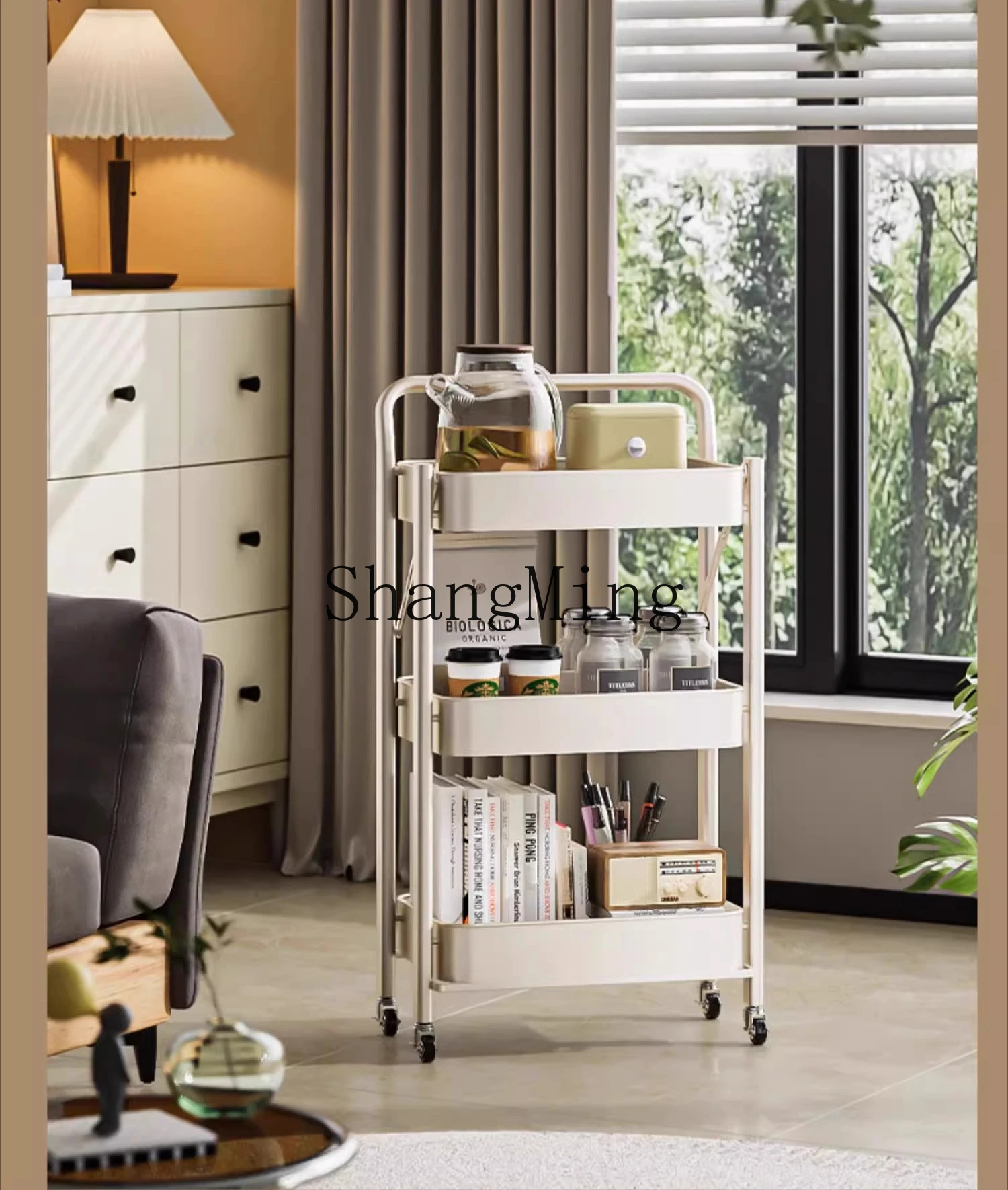 ZYYホームラグジュアリー折りたたみ式トロリーラックフロアモバイルホイール付き寝室用スナック