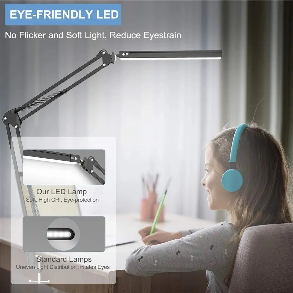 LED Desk Lamp for Home,Reading,Adjustable Eye-Caring Desk Light with Clamp, 3 Color Modes,10 Brightness Table Lamps 6