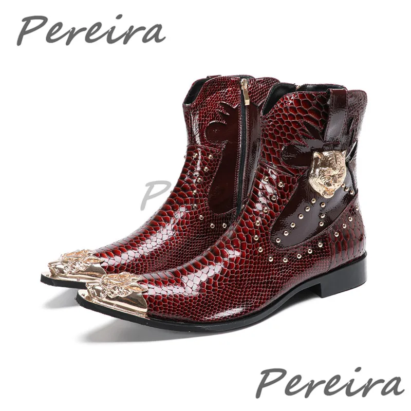 Men's Metal Pointy Toe Chelsea Boots Autumn Winter New Suede Genuine Leather Patchwork Short Boots Trendy Business Dress Shoes