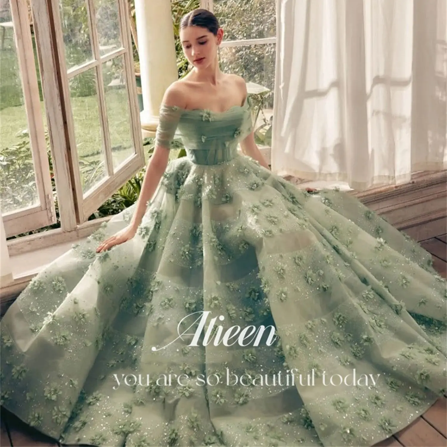 Aileen-vestido de princesa verde claro con flores 3D para mujer, vestidos de fiesta elegantes, vestido de noche brillante, vestidos de baile, Manual, multicapa, 2024