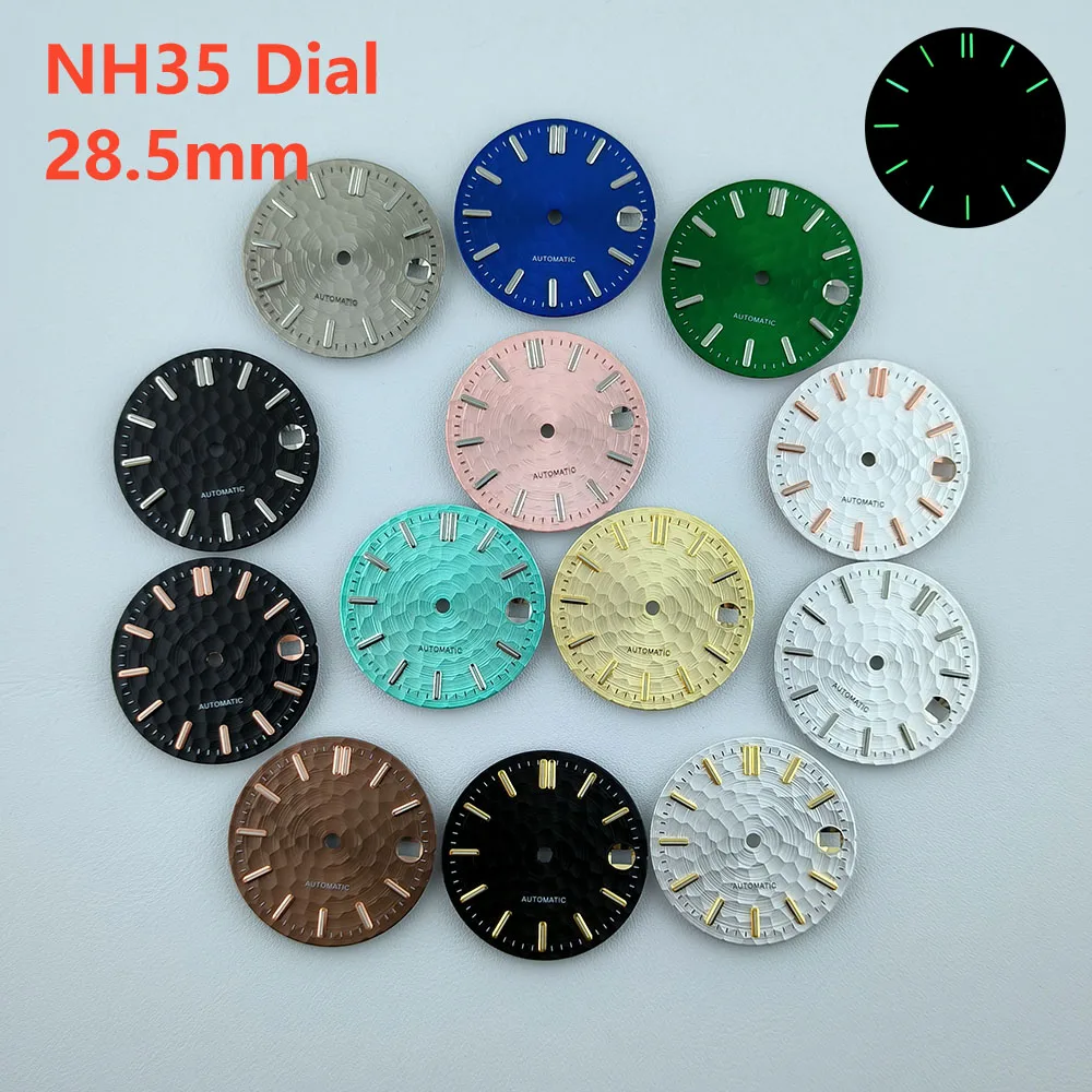 NH35 dial ไม่มีโลโก้โลโก้ที่กําหนดเอง Dial 28.5 มม.สีเขียวส่องสว่าง Fit NH35 นาฬิกาอุปกรณ์เสริมนาฬิกาอะไหล่