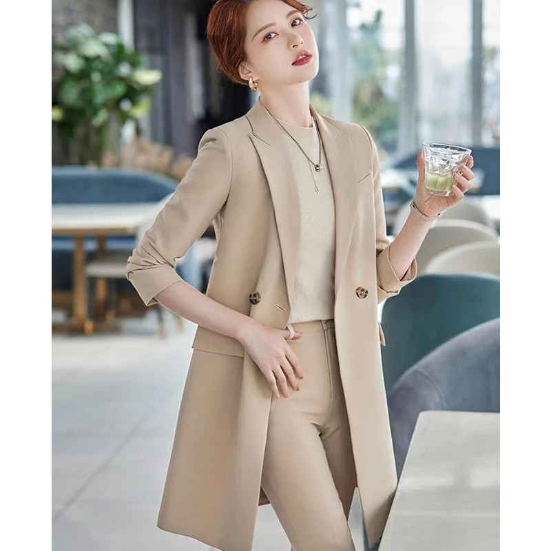 Women Long Blazers Spring Autumn 2023 Korean Office Lady Graceful Solid Suit Jackets Fashion Joker Overcoat New Workwear Female