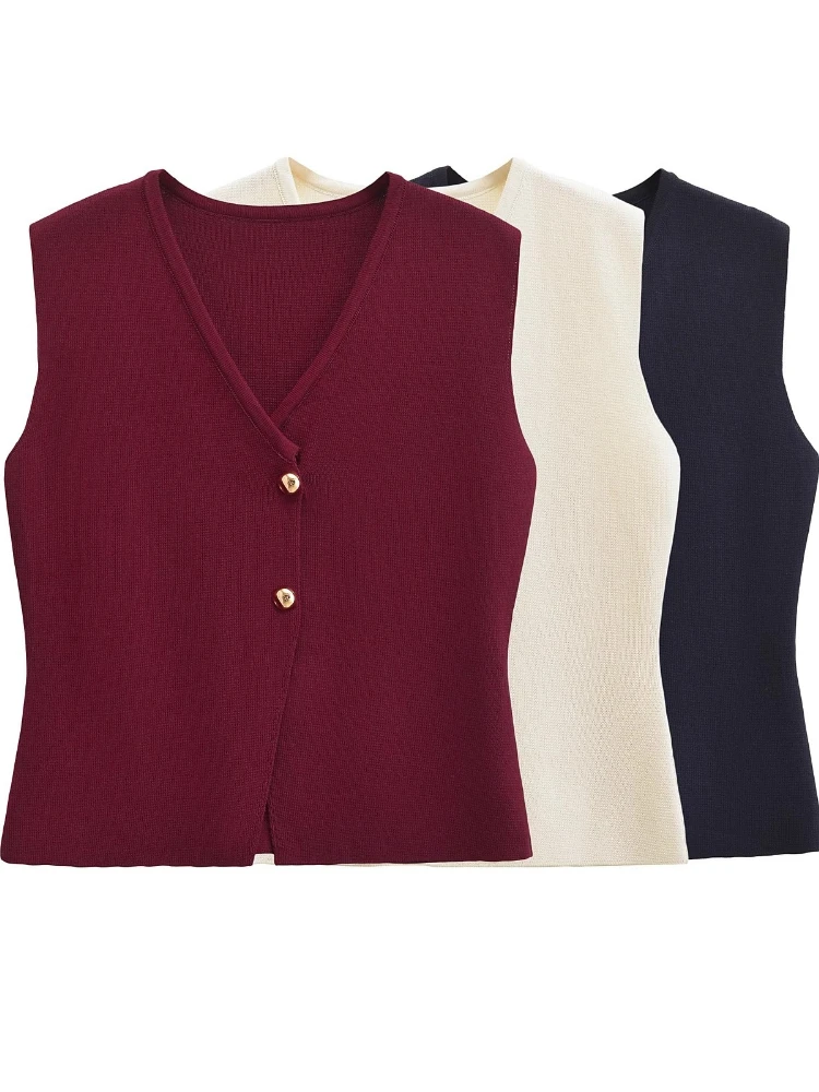 2026 Spring Summer Women's Fashion V-Neck Sleeveless Vests Gold Button Decor Tank Tops Casual All-Match Plain Knit Camis