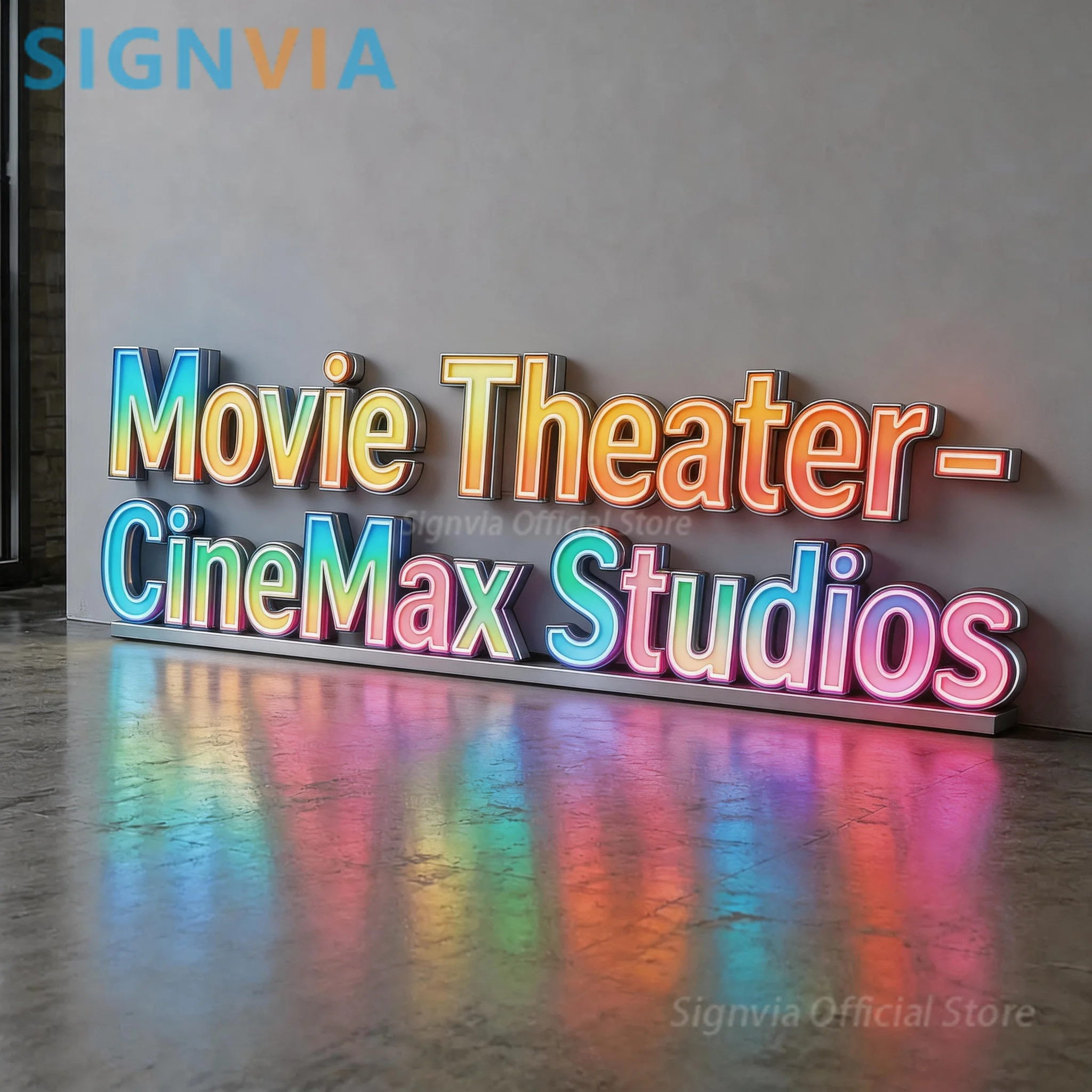カスタムメイドの3d-rgb-led照明付き金属製サイン、映画館の壁面文字サイン、グラデーションカラーのビジネス広告用スタジオ装飾