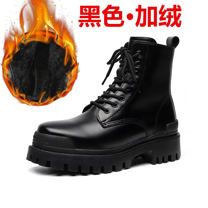 Winter Black High Top Men Mid Top Boots Lace Up Leisure All-match Men\'s Casual Boots Non-slip Trend Rubber Mens Thick Sole Boots