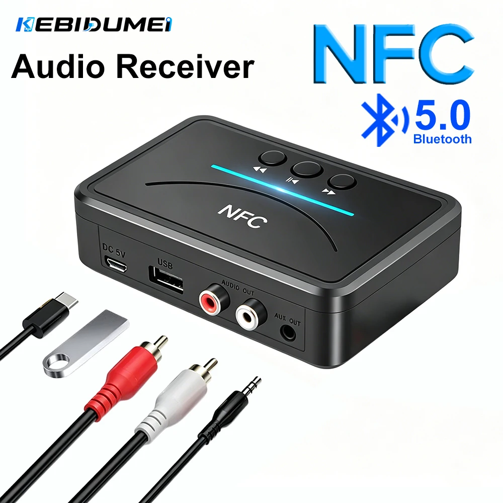 KEBIDUMEI Bluetooth 5.0 Empfänger mit NFC 3,5 mm Klinke 2RCA USB HiFi Stereo Audio Adapter Empfänger für PC Auto Lautsprecher Verstärker