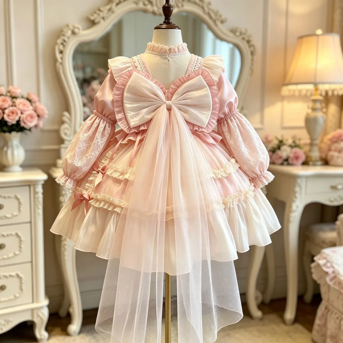 Autumn/Winter New Arrival Girl's Lolita Princess Dress Pink Floor-Length Tulle Skirt Ruffled Flared Dress Trendy One-Piece