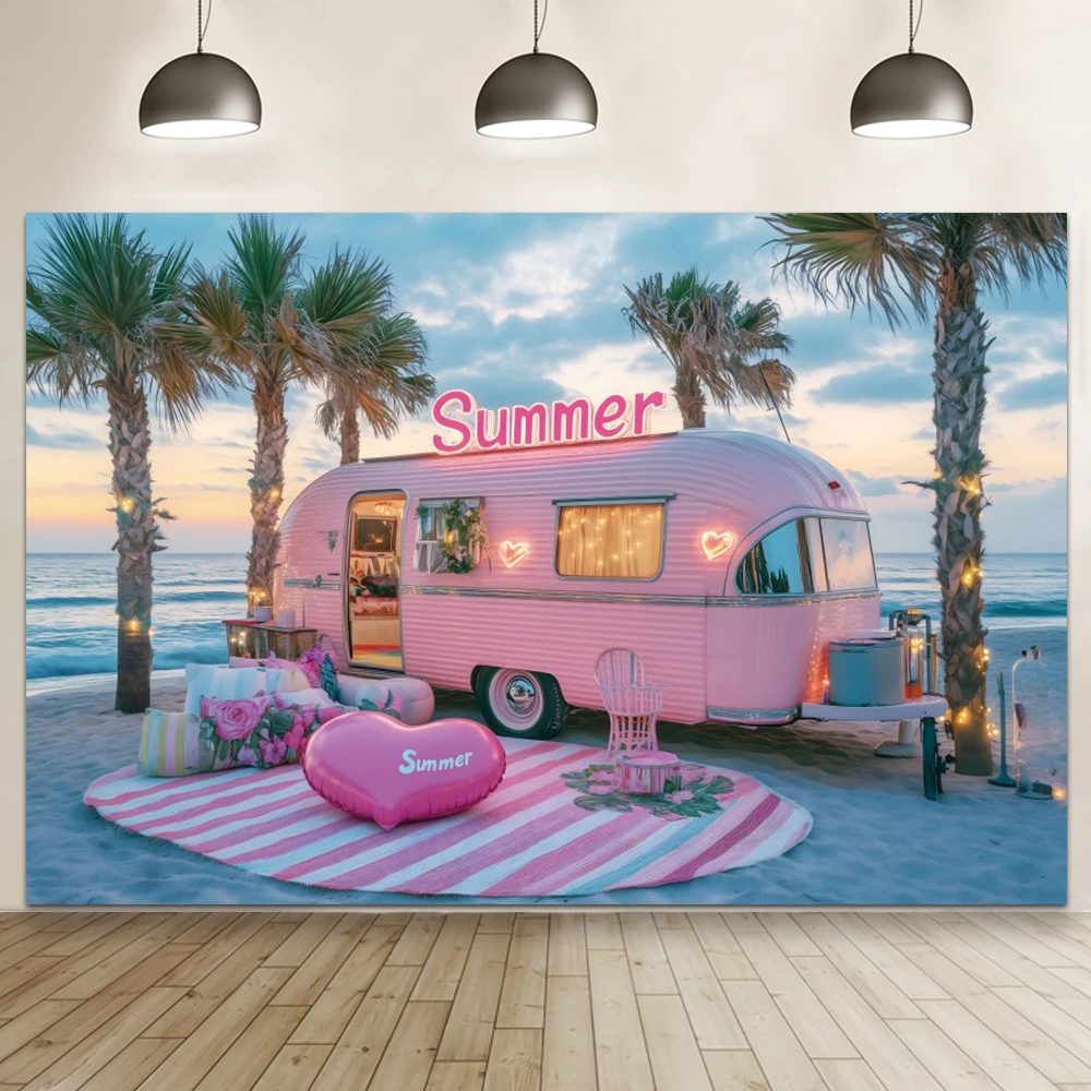 Fondo de fotografía verano palmera playa Rosa coche puesta de sol atardecer Camping fiesta de cumpleaños retrato telón de fondo accesorios de estudio fotográfico