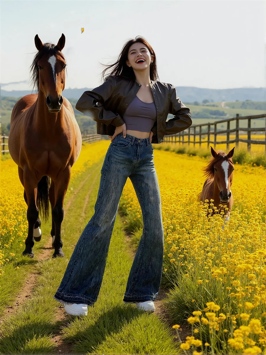 Pantaloni jeans svasati effetto consumato per donna Denim Abbigliamento donna Pieghe a vita alta Gamba larga Dritto a figura intera Casual Allentato BF