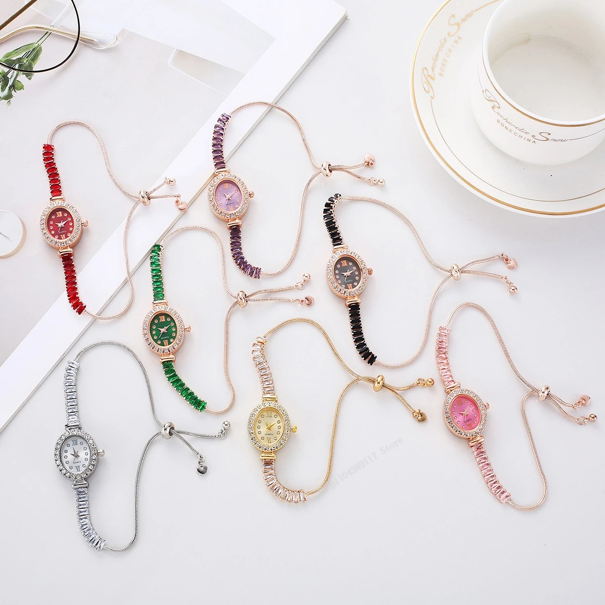 Роскошные женские часы со стразами из розового золота, модные женские кварцевые наручные часы, элегантные женские часы, комплект, подарочный регулируемый браслет