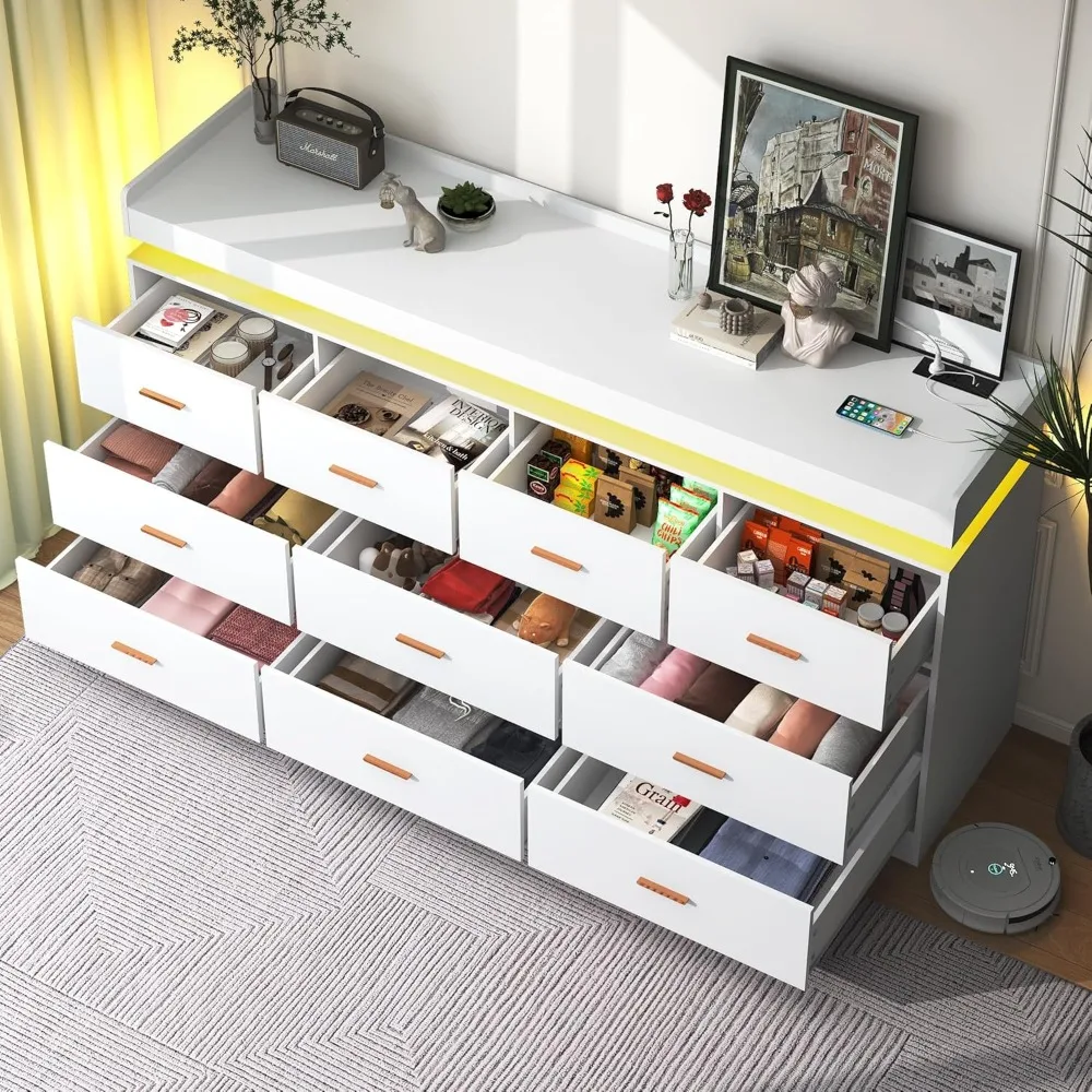 

10 Drawer Dresser with Charging Station and LED Lights, Modern Chest of Drawers with Power Outlet, Organizer Cabinet