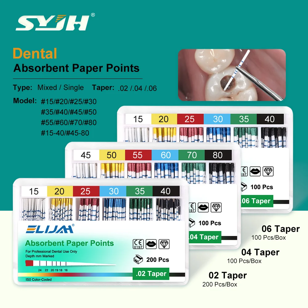 

SYJH 100/200Pcs Dental Sterile Absorbent Paper Points with 0.02 0.04 0.06 Taper Mixed Size Root Canal Endodontic Paper Tips