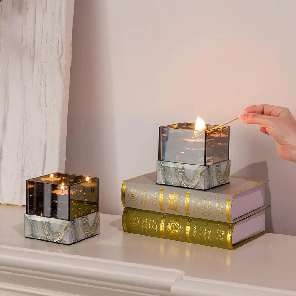 Marble-Patterned Square Glass Candlestick Holder for Elegant Dining, Kitchen, Patio, and Wedding Settings