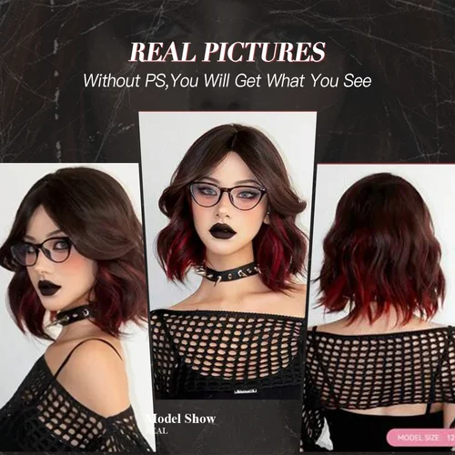 Imagen 2 del producto Peluca sintética ondulada Natural corta de 12 pulgadas, pelucas de pelo rojo resaltado negro para mujer, peluca Bob con parte en T diaria, peluca de Cosplay para fiesta de Navidad