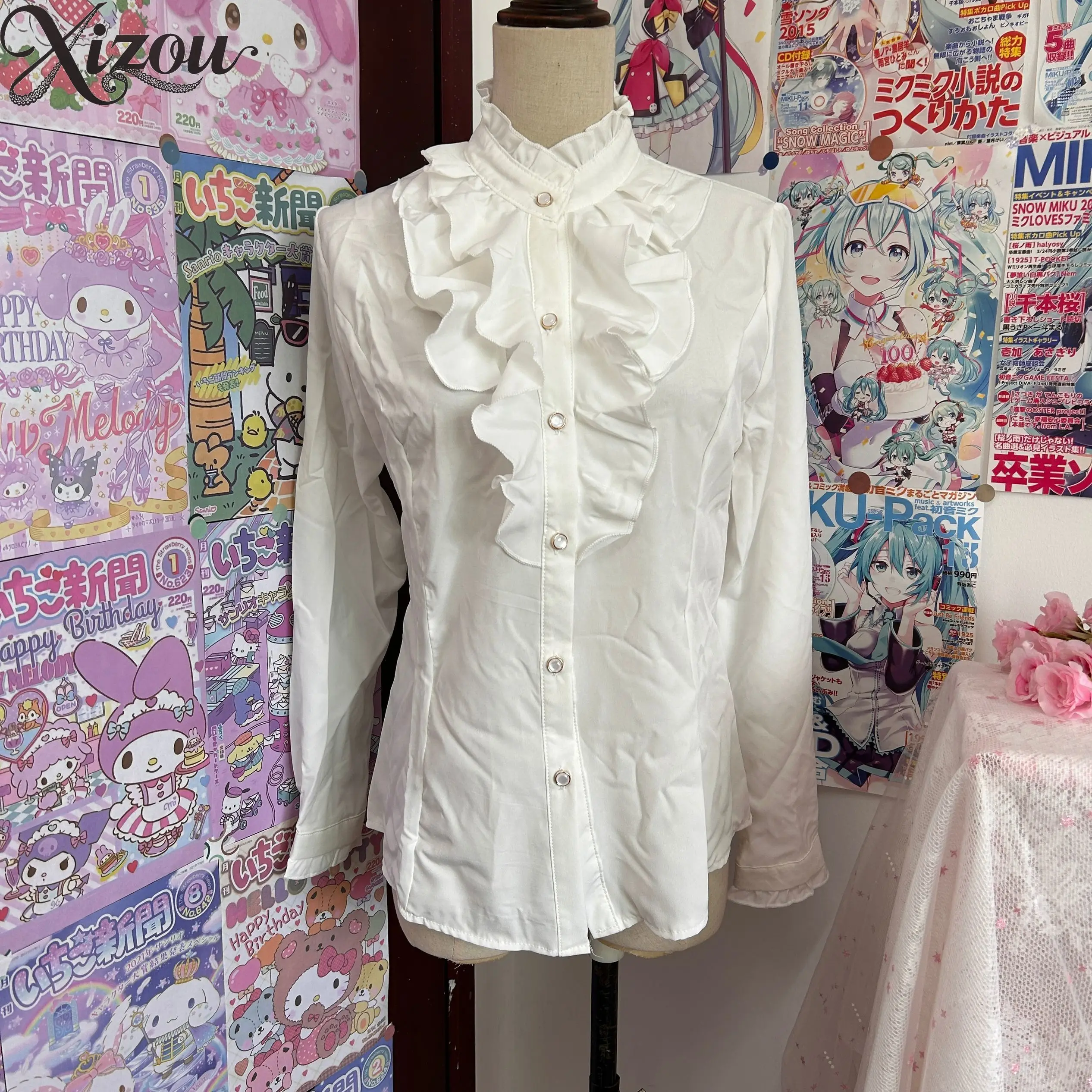 

2025 Japanese French Lolita Court Shirt White Elegant Blouse Stand-Up Collar Ruffle Edge Vintage Sweet Long Sleeve Top Women COS