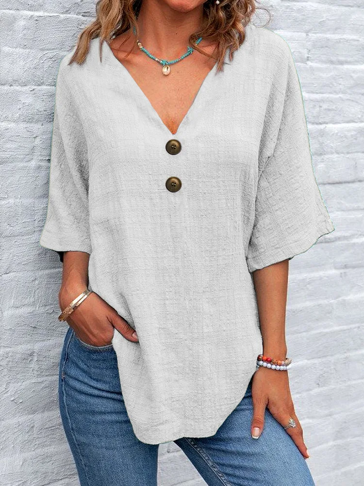 

Fashion V Neck Solid Colors Linen Cotton Blouse Street Loose Button Short Sleeve Casual Loose Tunic Shirt for Woman Clothing Top