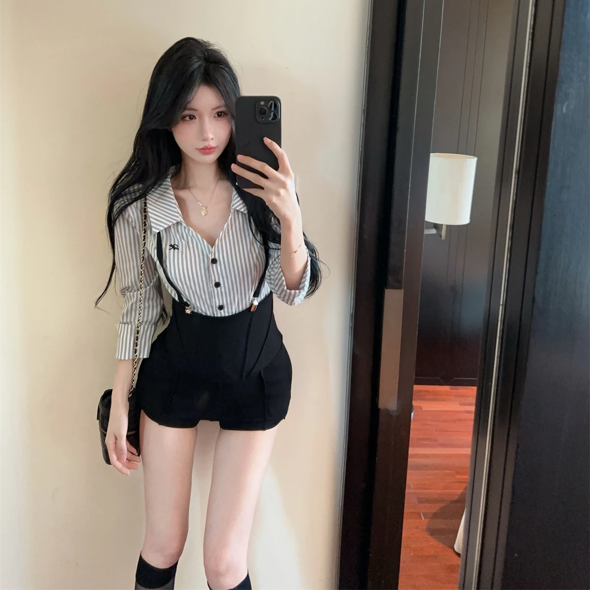 New Academic Style Two-Piece Set Women's Striped V-Neck Shirt And Overalls Black Shorts Uniform Fashion for Young Adults