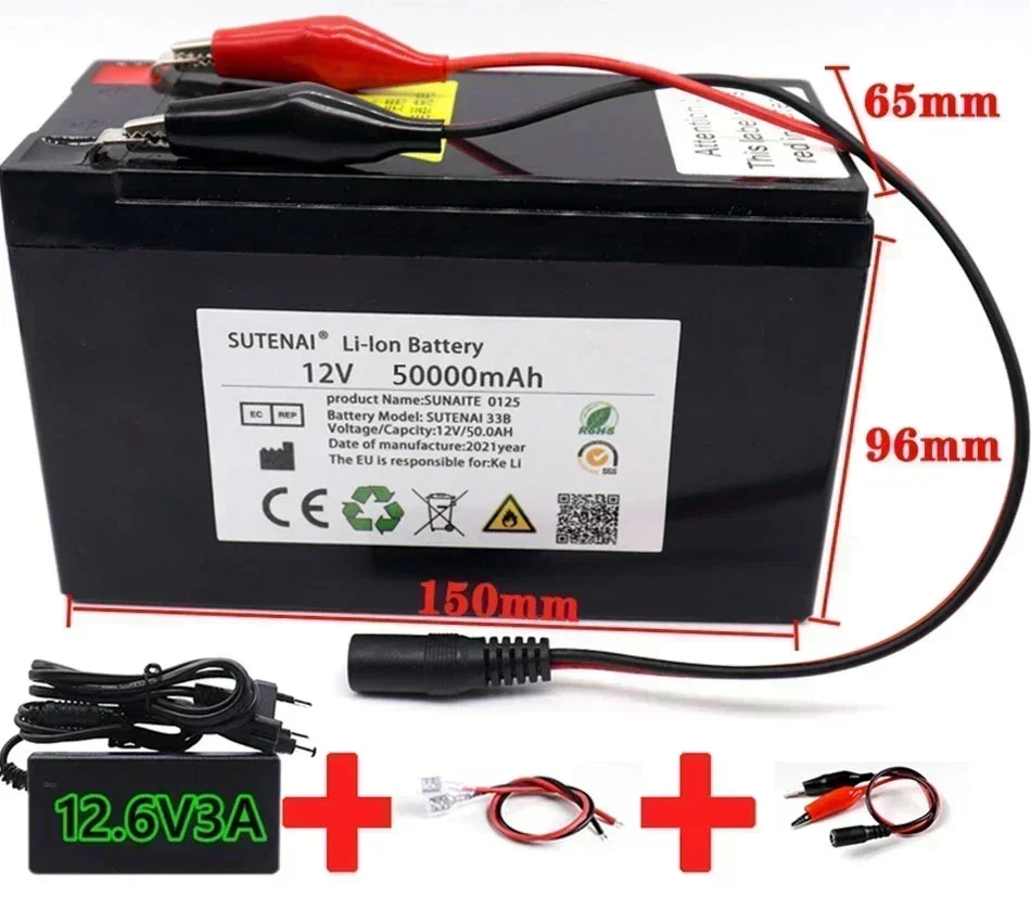 100%New 12V 50000mah 3s7p 18650 lithium battery with 50ah current BMS suitable for standard 12V voltage equipment +12v3a charger