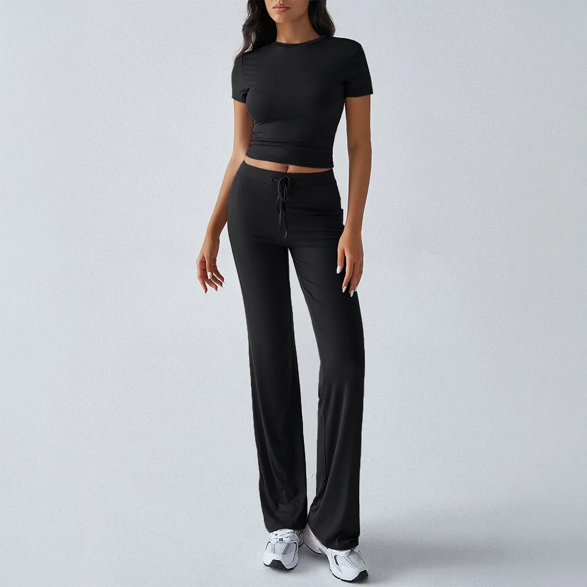 Set casual da 2 pezzi slim solido moda collo mezzo alto pullover a maniche corte top elastico in vita pantaloni con lacci set tuta sportiva
