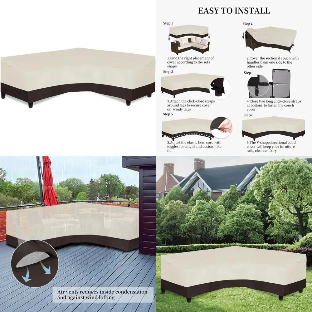V-Shaped Patio Sectional Sofa Cover, Waterproof Outdoor Furniture Cover, Heavy-Duty with Air Vent, 118L x 33.5D x 31H, Beige/Bro