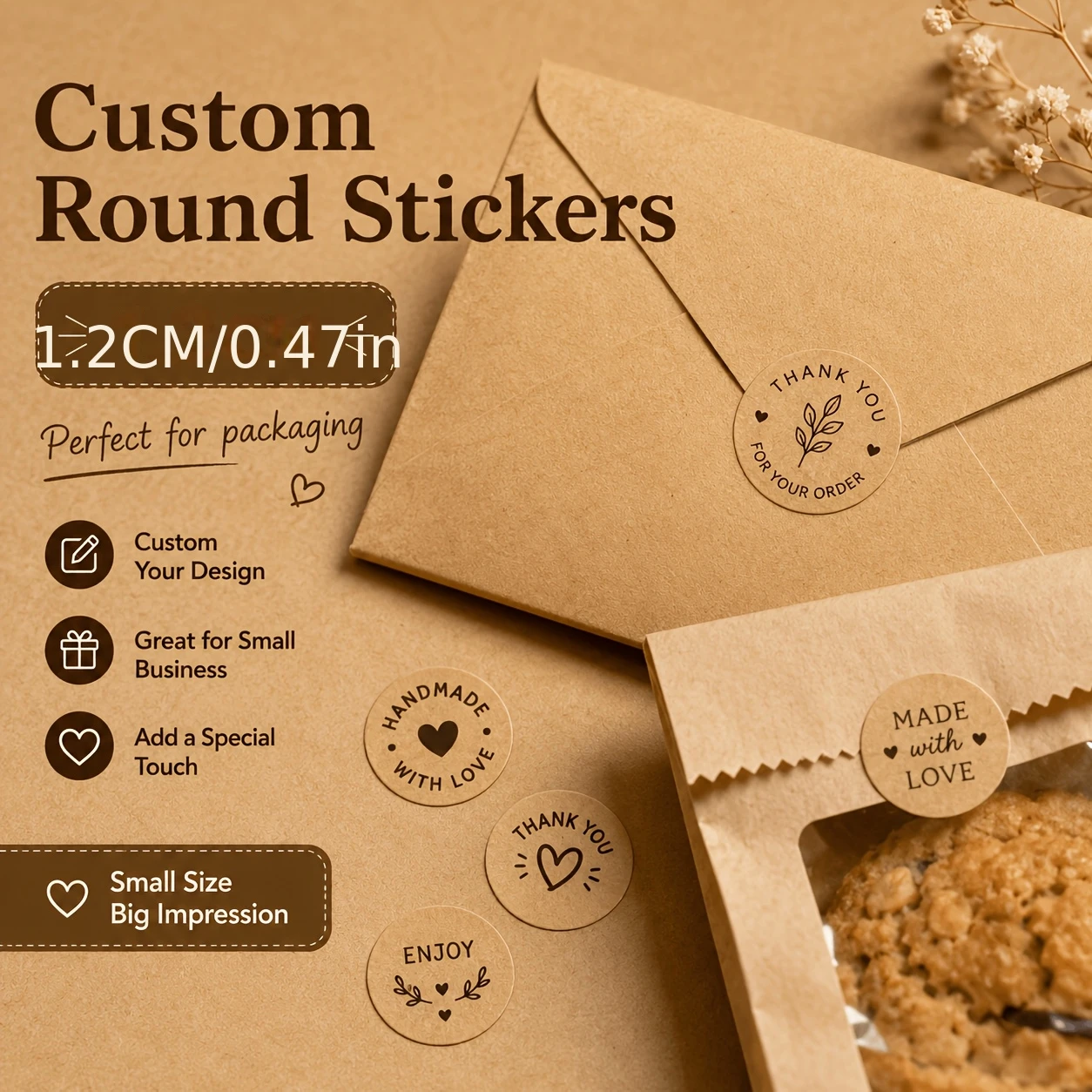 Personalized Custom Kraft Paper Round Stickers, Available in Various Sizes, with the Option to Customize Exclusive Logos and Designs. Suitable for Office Identification, Document Marking, Idol Merchandise, Fan Gift Packs, Journal Collages, and Gift Box Labels. The Material Is Thick and Durable, and the Adhesive Is Strong and Does Not Come Off Easily. view 2