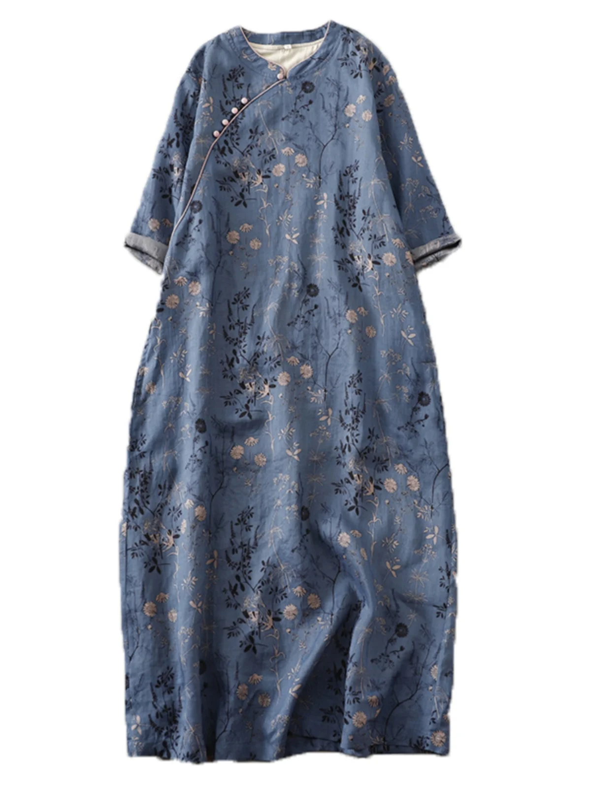 951 New Design Reformed Cheongsam For Women Chinese Style Vintage Flower Printed Half Sleeve Loose Casual Dresses Female Clothes
