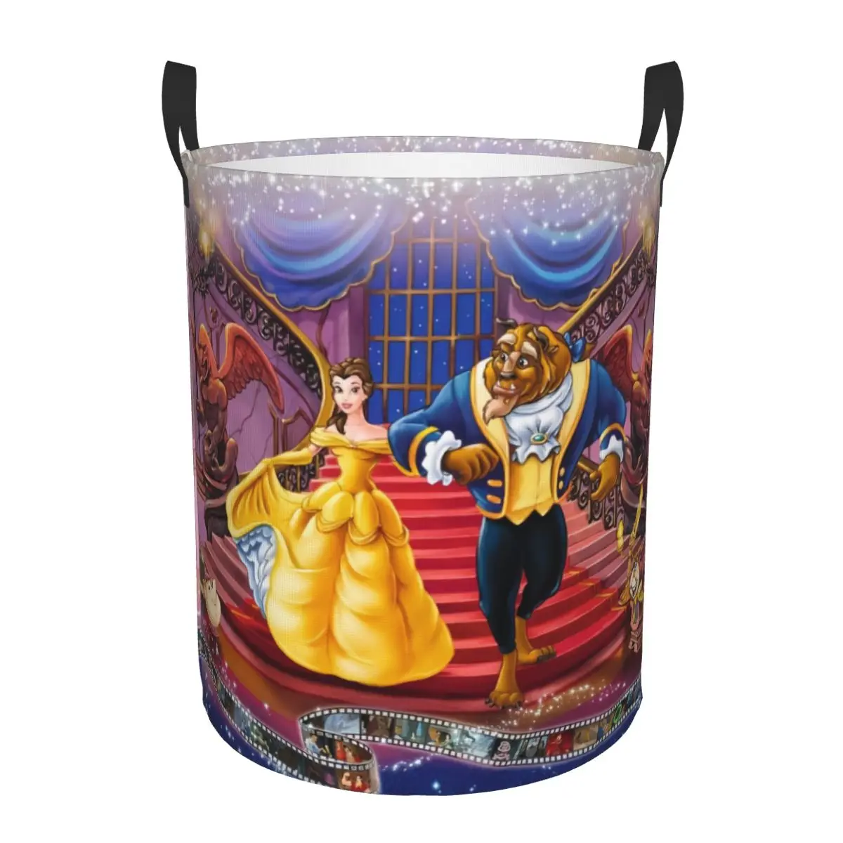 Cesta de lavandería de La Bella y la Bestia, contenedor plegable grande para almacenamiento de ropa, cesta para bebé con diseño de canción y baile de fantasía romántica
