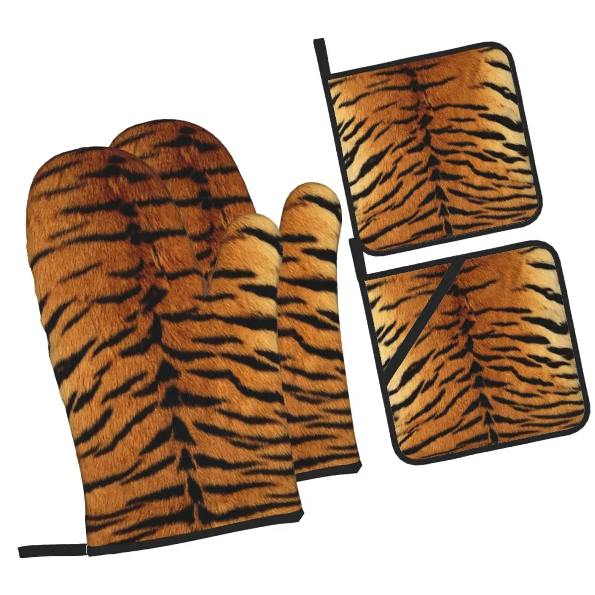 Tiger Fur Sketch Color Picture Oven Mitts and Pot Holder Sets of 4 for Baking Kitchen Cooking Grilling Resistant Non-Slip Gloves